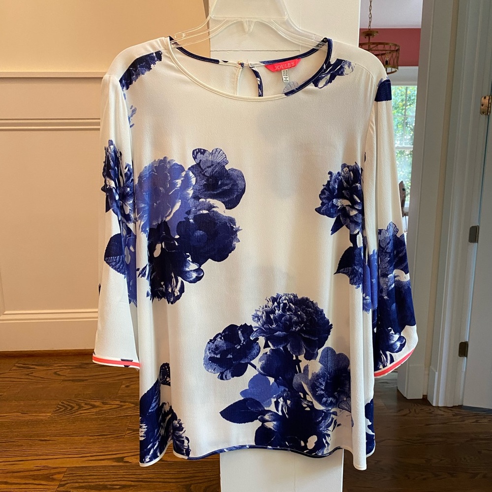 Joules Blue and Cream floral tunic top 3/4 sleeve Size 12 EUC!